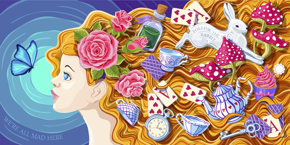 Illustration of Alice's flowing blonde hair, with the white rabbit, playing cards, teacups sprinkled throughout