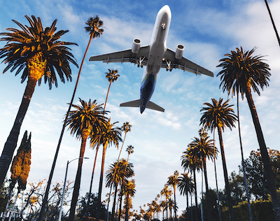 A passenger jet flying above a road lined with palm trees on both sides